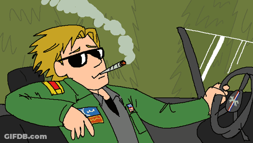 A Man In A Green Jacket Is Smoking A Cigarette While Driving A Car GIF