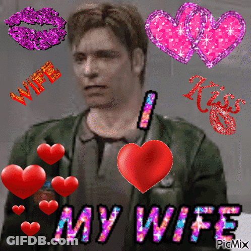 A Man In A Green Jacket Is Surrounded By Hearts And The Words I Love My Wife GIF