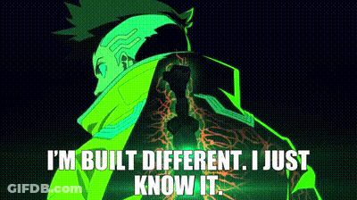 A Man In A Green Jacket With The Words I 'M Built Different I Just Know It GIF