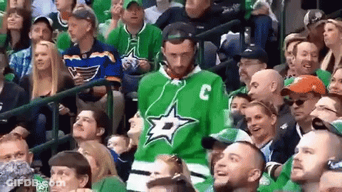 A Man In A Green Jersey With The Letter C On It Is Standing In The Stands . GIF