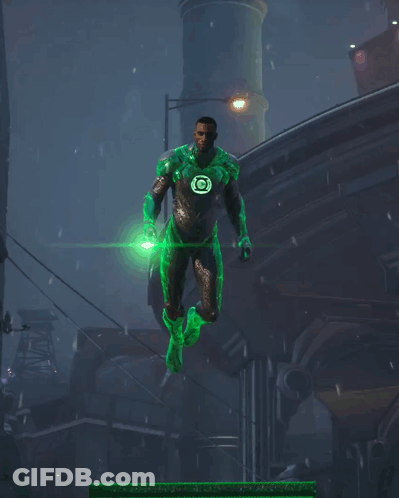 A Man In A Green Lantern Costume Is Holding A Green Light In His Hand GIF