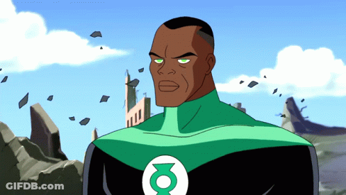A Man In A Green Lantern Costume Stands In Front Of A Building GIF