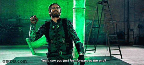 A Man In A Green Outfit Says " Yeah Can You Just Fast Forward To The End " GIF