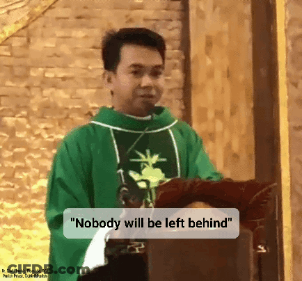 A Man In A Green Robe Stands At A Podium With The Words " Nobody Will Be Left Behind " Below Him GIF