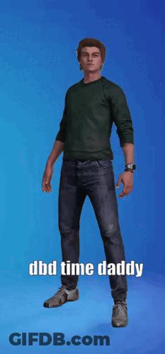 A Man In A Green Shirt And Jeans Is Jumping In The Air With The Words Dbd Time Daddy Written Below Him GIF