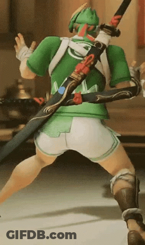A Man In A Green Shirt And Shorts Is Holding A Sword . GIF