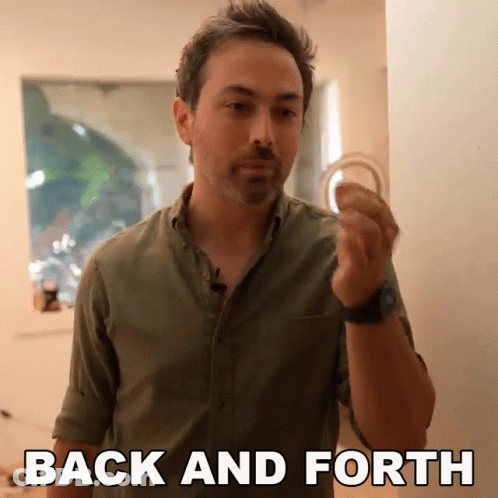 A Man In A Green Shirt Holds Something In His Hand With The Words Back And Forth Behind Him GIF
