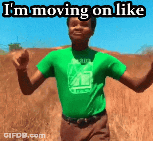 A Man In A Green Shirt Is Dancing In A Field With The Words " I 'M Moving On Like " Above Him GIF