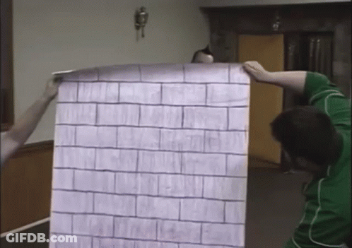A Man In A Green Shirt Is Holding A Large Piece Of Paper With A Brick Pattern On It GIF