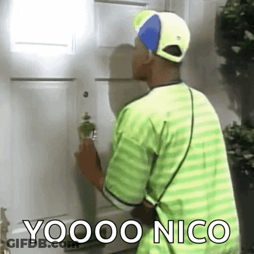 A Man In A Green Shirt Is Knocking On A Door With The Words Yoooo Nico Written On It GIF