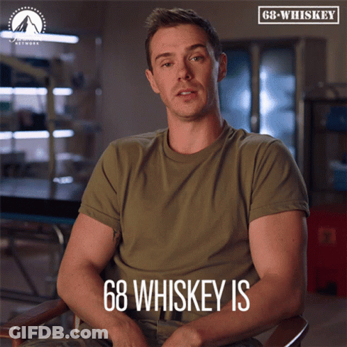 Man In Green Shirt Sitting With 68 Whiskey Above GIF