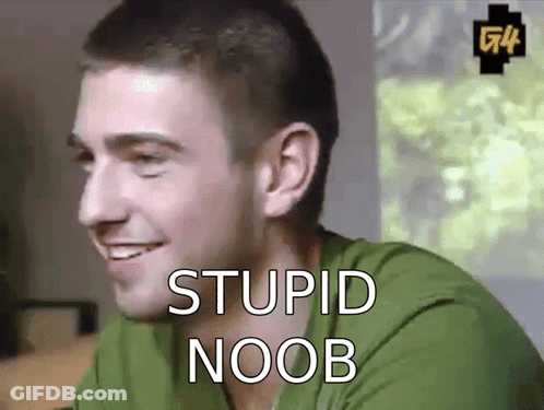 A Man In A Green Shirt Is Smiling With The Words Stupid Noob Below Him GIF