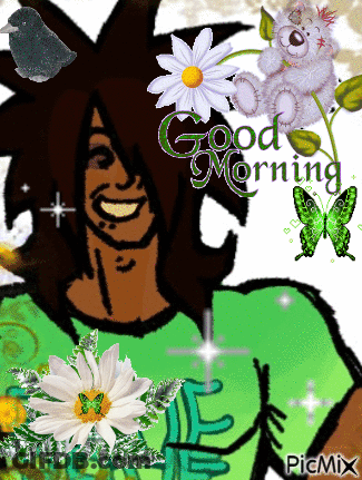 A Man In A Green Shirt Is Surrounded By Flowers And Butterflies And Says " Good Morning " GIF