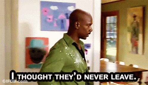 A Man In A Green Shirt Says I Thought They 'D Never Leave .. GIF