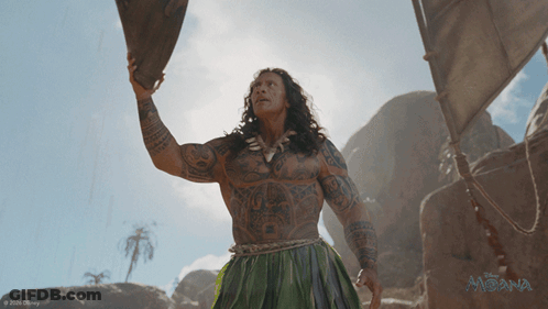 A Man In A Green Skirt Is Standing In Front Of A Disney Moana Poster GIF