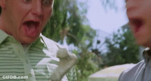 A Man In A Green Striped Shirt Is Making A Funny Face While Another Man Looks On . GIF