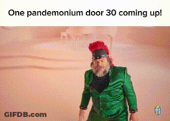 A Man In A Green Suit And Red Hat Is Standing In Front Of A Wall And A Ceiling . GIF