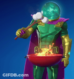 A Man In A Green Superhero Costume Is Holding Marshmallows And A Pot Of Fire GIF