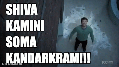 A Man In A Green Sweater Is Jumping In The Air With The Words Shiva Kamini Soma Kandarkram !!! Above Him GIF