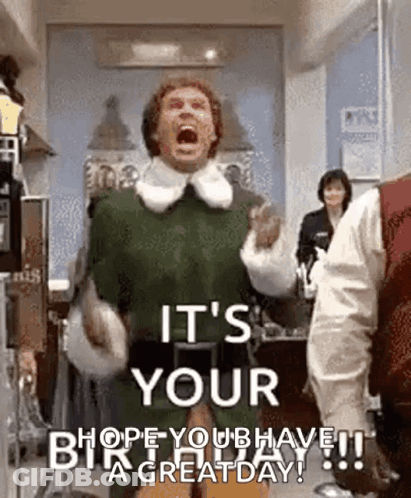 A Man In A Green Sweater Is Screaming And Saying `` It 'S Your Birthday Hope You Have A Great Day '' . GIF