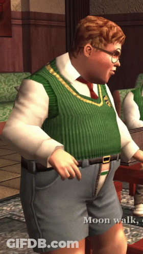 A Man In A Green Vest And Blue Shorts Is Standing In A Room With The Words Moon Walk Behind Him GIF