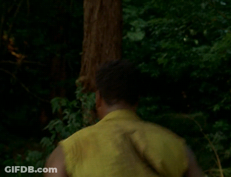 A Man In A Green Vest Is Standing In The Woods Looking At Something . GIF