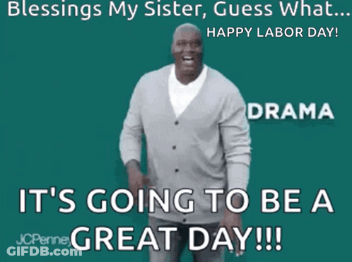 A Man In A Grey Cardigan Is Dancing In Front Of A Green Background That Says Blessings My Sister Guess What Happy Labor GIF