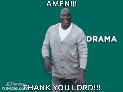 A Man In A Grey Cardigan Is Dancing With The Words Amen Anxiety Thank You Lord GIF