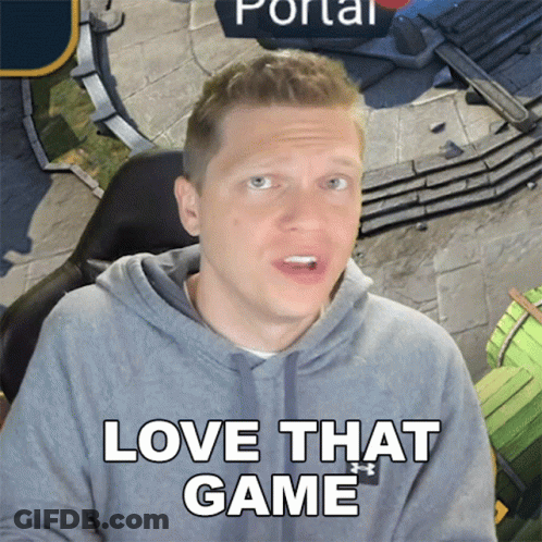 A Man In A Grey Hoodie Says " Love That Game " In White Letters GIF