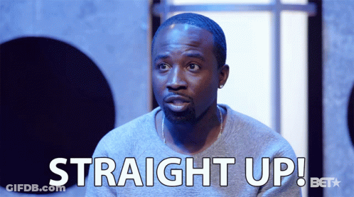 A Man In A Grey Shirt Says Straight Up In White Letters GIF