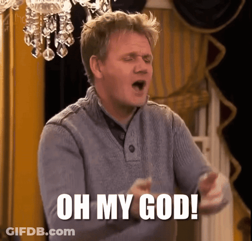 A Man In A Grey Sweater Is Screaming With The Words Oh My God Written Below Him GIF