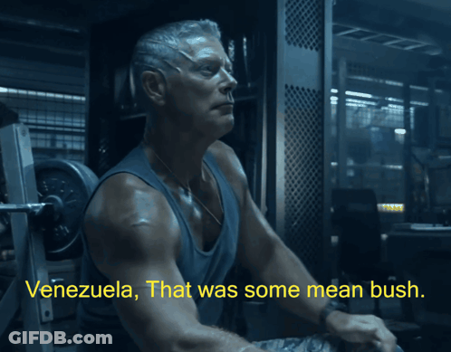 A Man In A Gym With The Words Venezuela That Was Some Mean Bush Below Him GIF