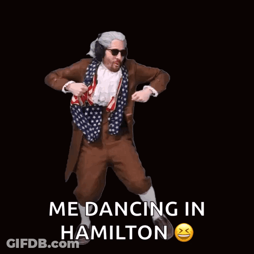 A Man In A Hamilton Costume Is Dancing With Headphones On . GIF