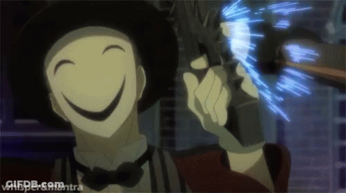 A Man In A Hat And Bow Tie Is Holding A Gun With A Smile On His Face GIF