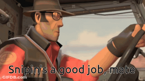 A Man In A Hat And Glasses Is Driving A Car With The Words Snipin 'S A Good Job Mate Written Below Him GIF