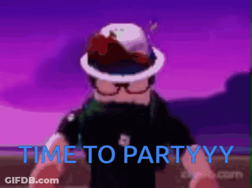 A Man In A Hat And Glasses Says Time To Partyyy GIF