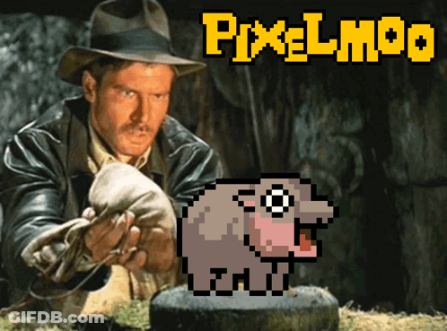 A Man In A Hat And Leather Jacket Is Looking At A Pixelated Elephant And The Words Pixelmoo Are Above Him GIF