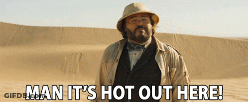 A Man In A Hat And Trench Coat Stands In The Desert With The Words Man It 'S Hot Out Here GIF