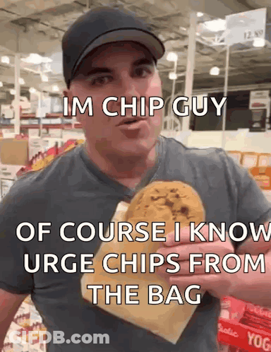 A Man In A Hat Is Holding A Bag Of Chips And Says Im Chip Guy GIF