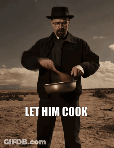 A Man In A Hat Is Holding A Bowl With The Words Let Him Cook Behind Him GIF