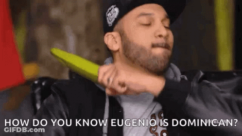 A Man In A Hat Is Holding A Green Object In His Hand And Says How Do You Know Eugenio Is Dominican . GIF