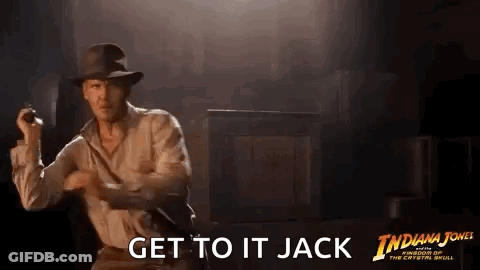 A Man In A Hat Is Holding A Gun In His Hand And Says `` Get To It Jack '' . GIF