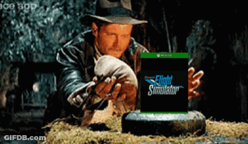 A Man In A Hat Is Looking At A Xbox Flight Simulator Game GIF