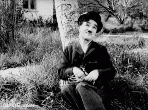 A Man In A Hat Is Sitting Under A Tree In The Grass . GIF