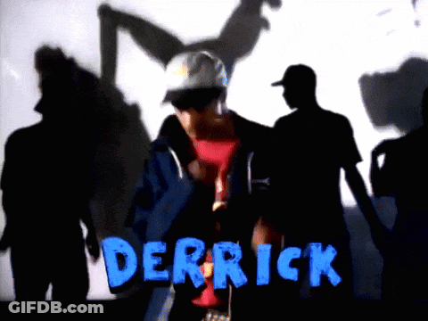 A Man In A Hat Is Standing In Front Of A Group Of People And The Name Derrick Is Written In Blue GIF