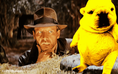 A Man In A Hat Is Standing Next To A Yellow Teddy Bear GIF