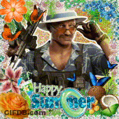 A Man In A Hat Is Surrounded By Flowers And Butterflies With The Words Happy Summer Written In Blue GIF