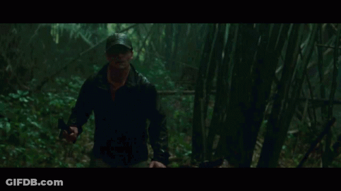 A Man In A Hat Is Walking Through A Dark Forest Holding A Gun GIF