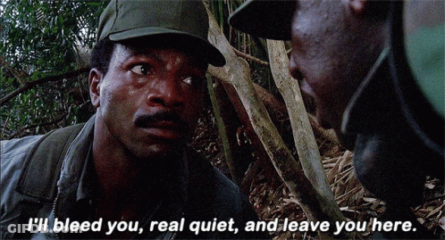 A Man In A Hat Says " I 'Ll Bleed You Real Quiet And Leave You Here " To Another Man GIF