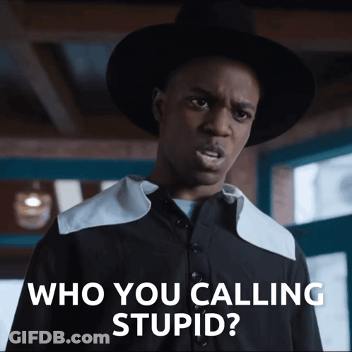 A Man In A Hat Says " Who You Calling Stupid " In Front Of A Window GIF